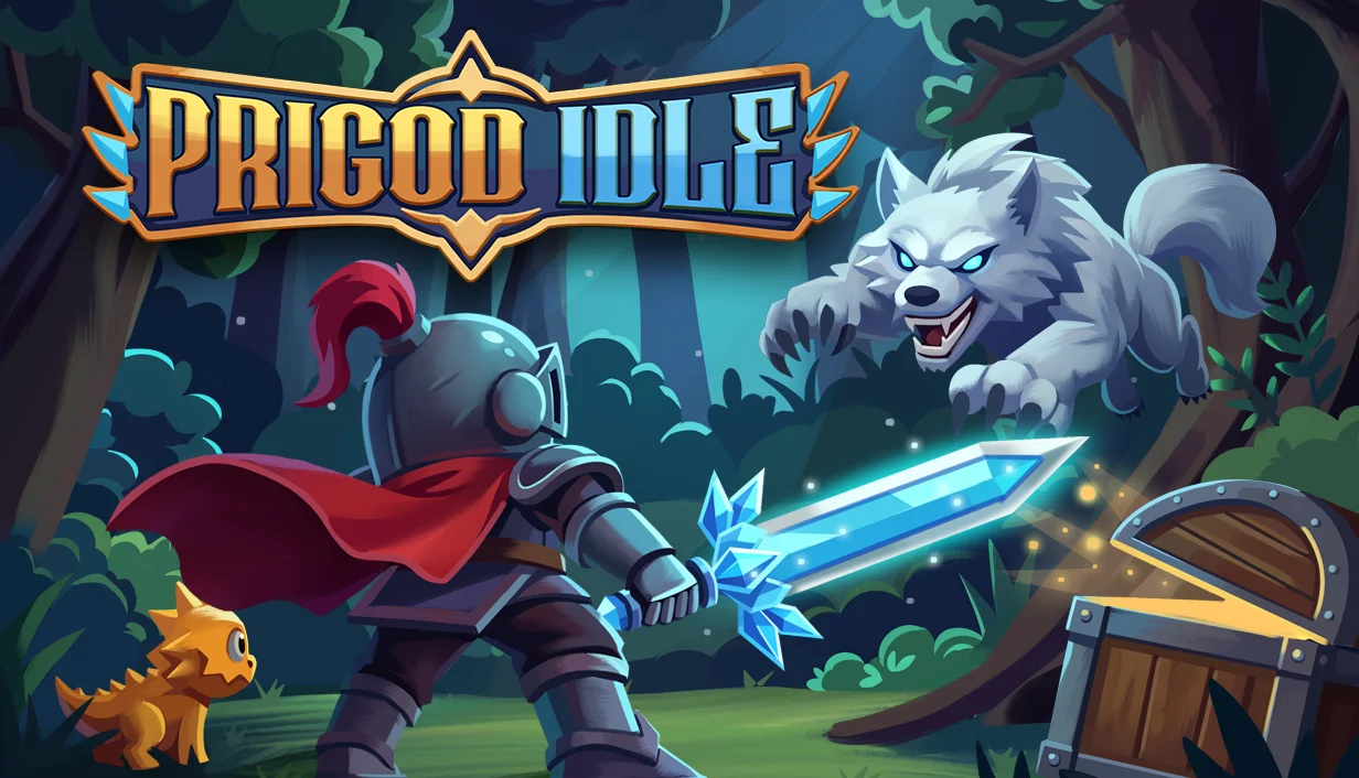 Prigod Idle knight with a crystal sword facing a white wolf in a forest