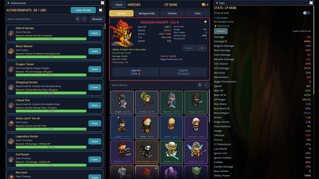Hero roster — build variety and progression.