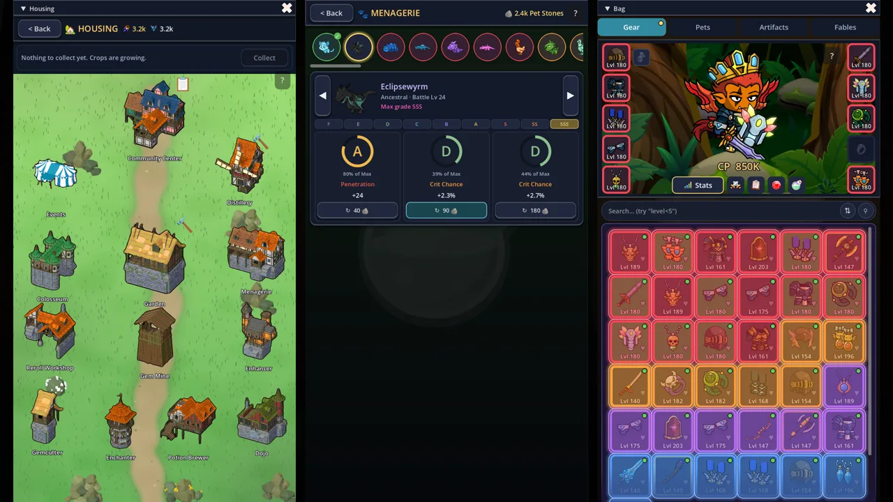 Menagerie — pets, their stat rolls, and the housing grounds.