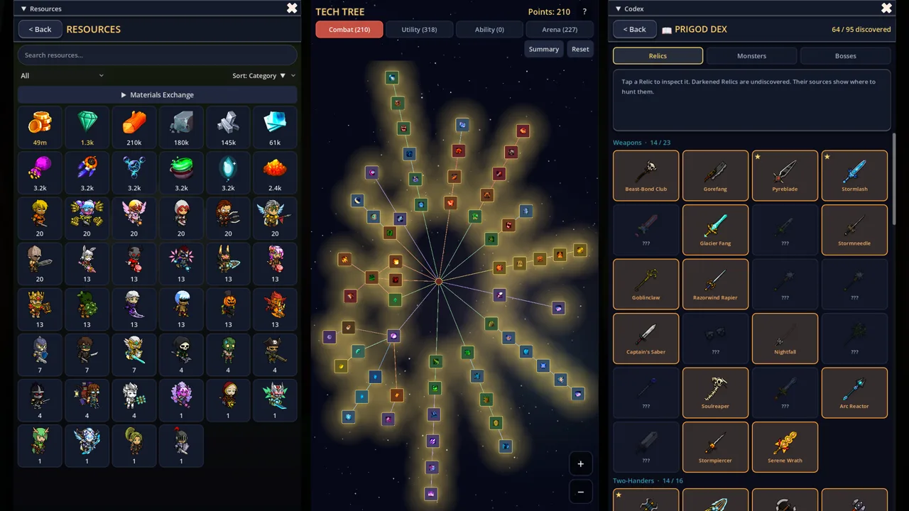 Tech tree and codex — a full tech tree with the relic codex open beside it.