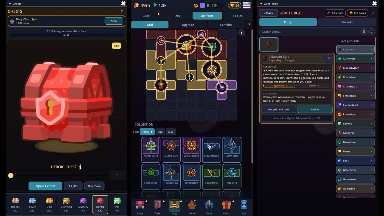 Artifacts, chests and Gem Forge — the artifact grid, chest opening, and gem sockets in one pass.